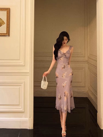 Sheath V neckline Lilac Floral Satin Prom Dresses Birthday Outfits Evening Gown SD919